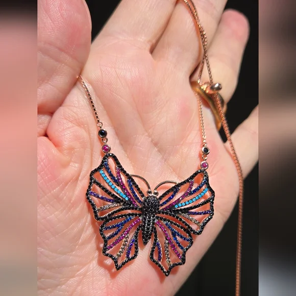 Gemstone Natural Sterling & Rosegold Butterfly Adjustable Necklace - Picture 6 of 12